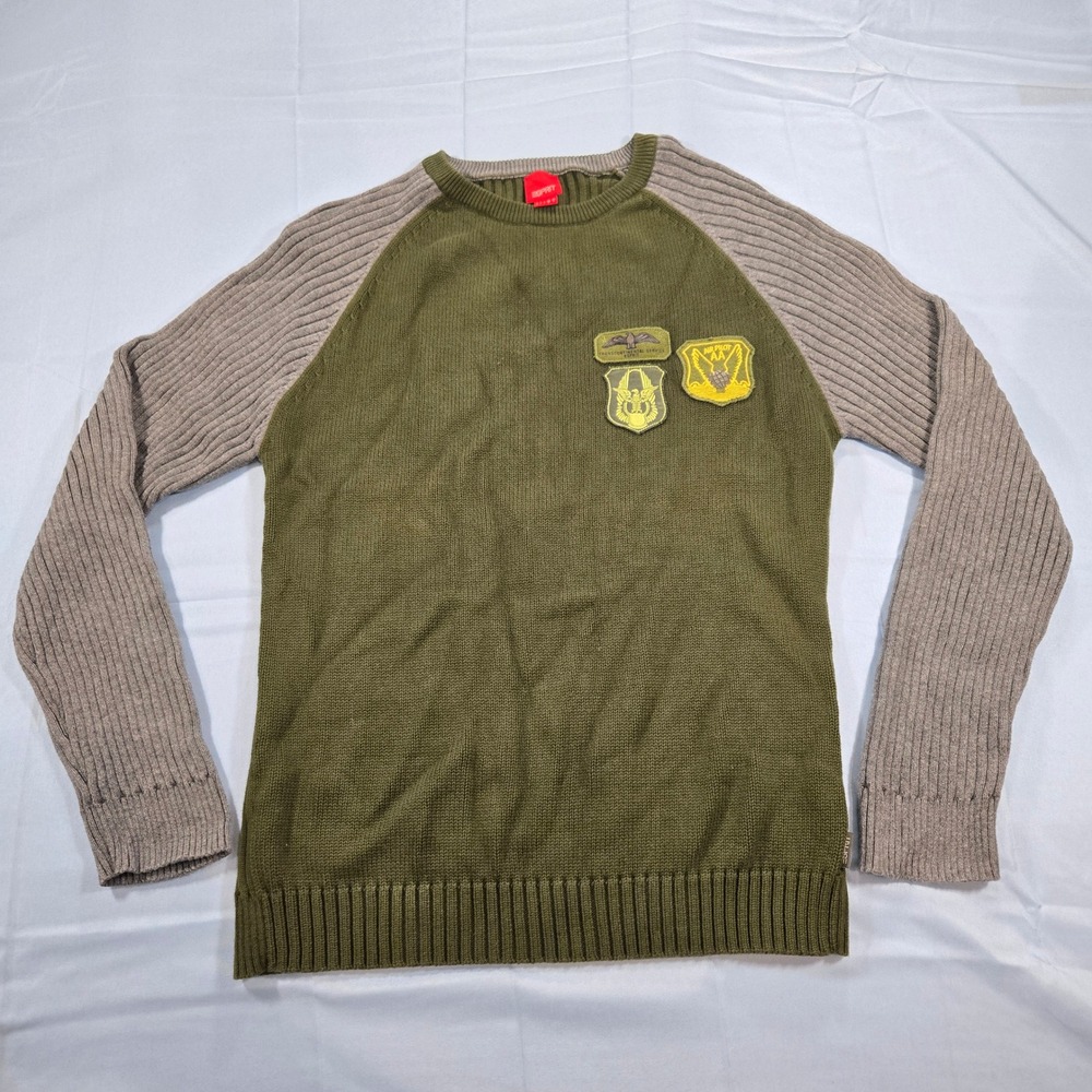 Esprit Mens Military Patch Cotton Sweater Olive Green Grey Raglan Size Small